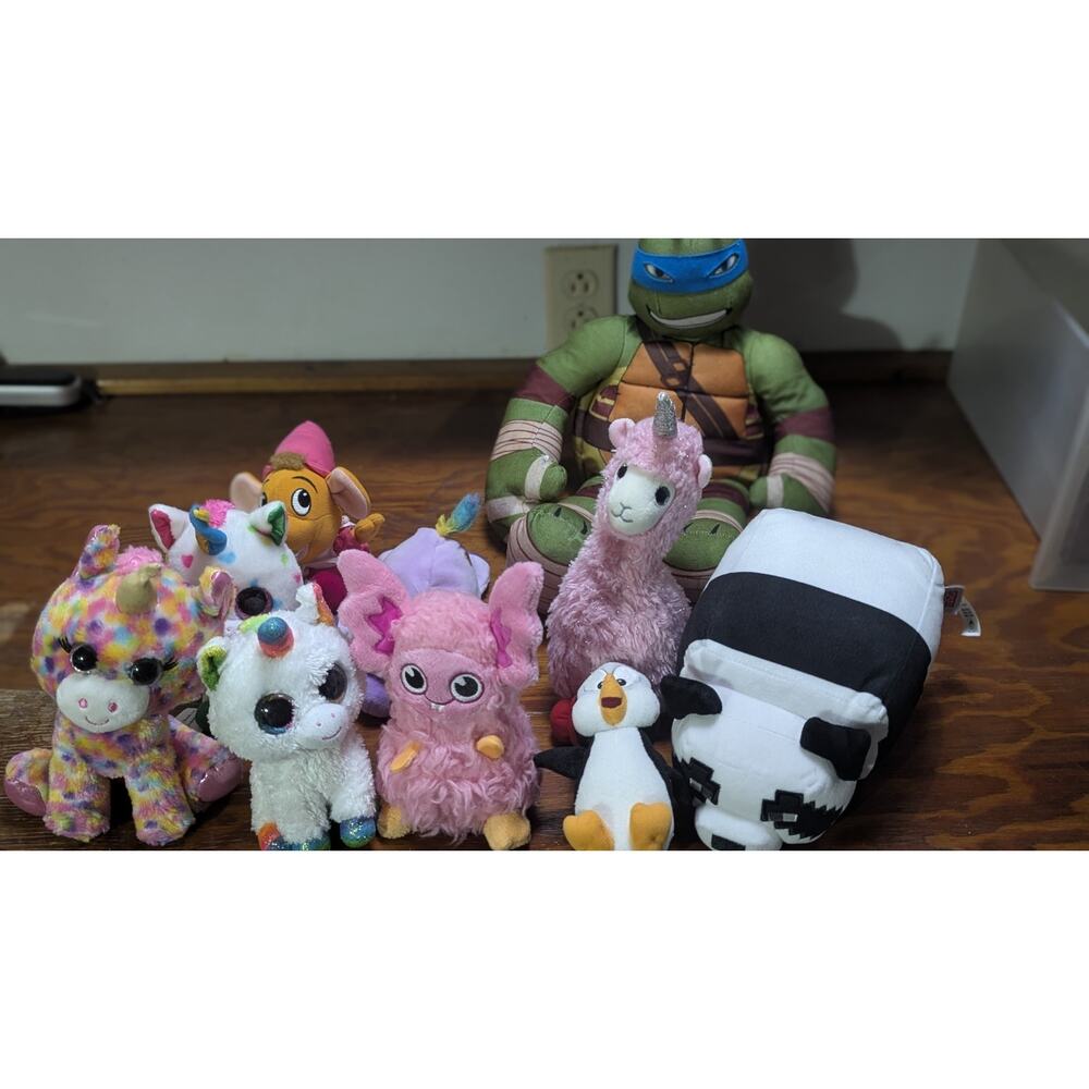 Plush Lot 10 TMNT Leonardo Ty Beanie Boo Minecraft Cow Unicorn Llama Penguin